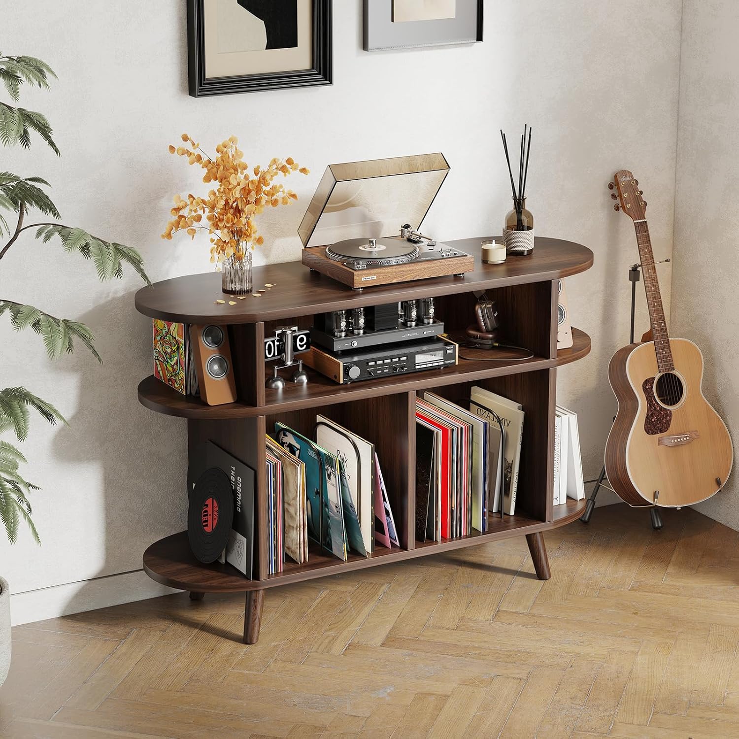 LIVEHOM Large Round Record Player Stand, Wood Record Storage Cabinet, Vinyl Record Holder with Display Area, Mid Century Modern Turntable for Living Room, Bedroom