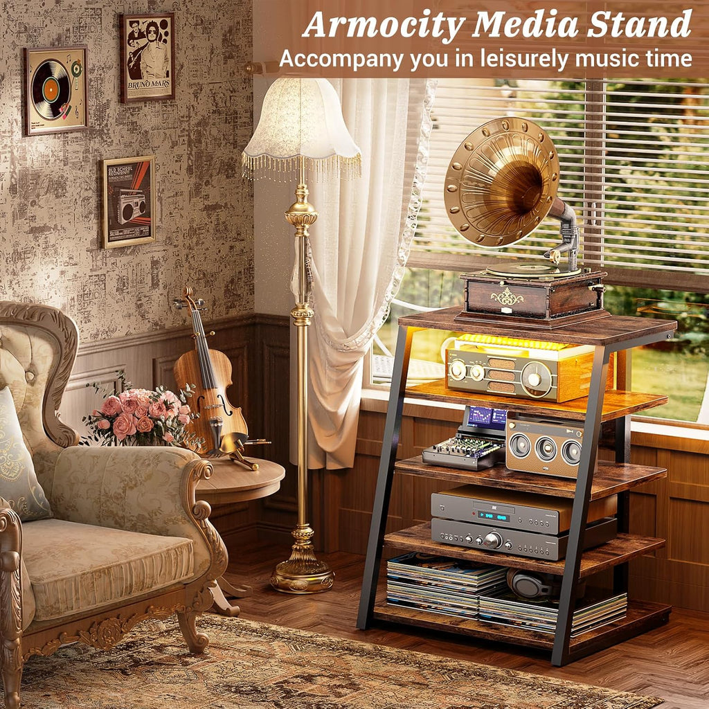 Armocity 5-Tier AV Media Stand with Power Strips, Media Console with LED Lights, Audio Tower Rack with Adjustable Shelves, Stereo Stands and Racks, 40.8'', Rustic Brown