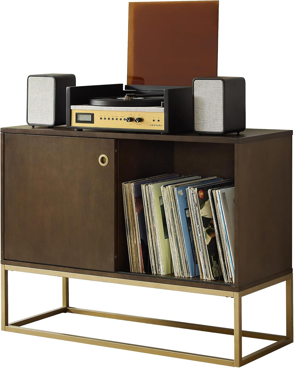 Crosley Furniture Byron Media Console and Record Player Stand with Storage for Vinyl Records, Dark Brown/Gold