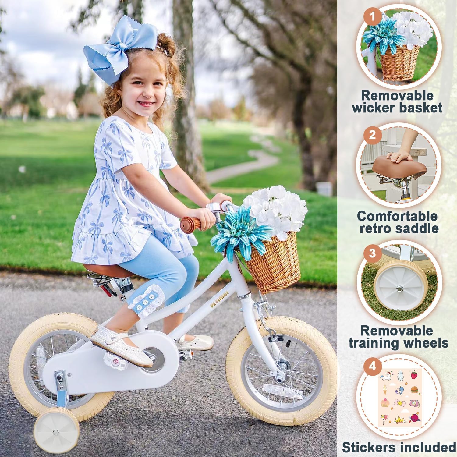 Petimini Vintage Kids Bike for Girls, 12–20 Inch Classic Bicycle with Wicker Basket & Bell, High Tensile Steel Frame, Training Wheels (12–18'), 85% Pre-Assembled, Retro Bike for Outdoor Riding