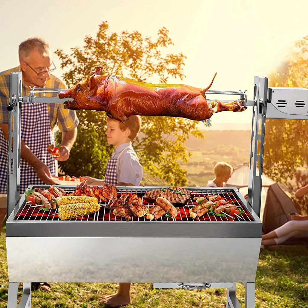Stainless Steel Rotisserie Grill, 25W Motor Small Pig Lamb Rotisserie Roaster, 37 Inch BBQ Charcoal Grill for Camping Outdoor Kitchen without Baffle