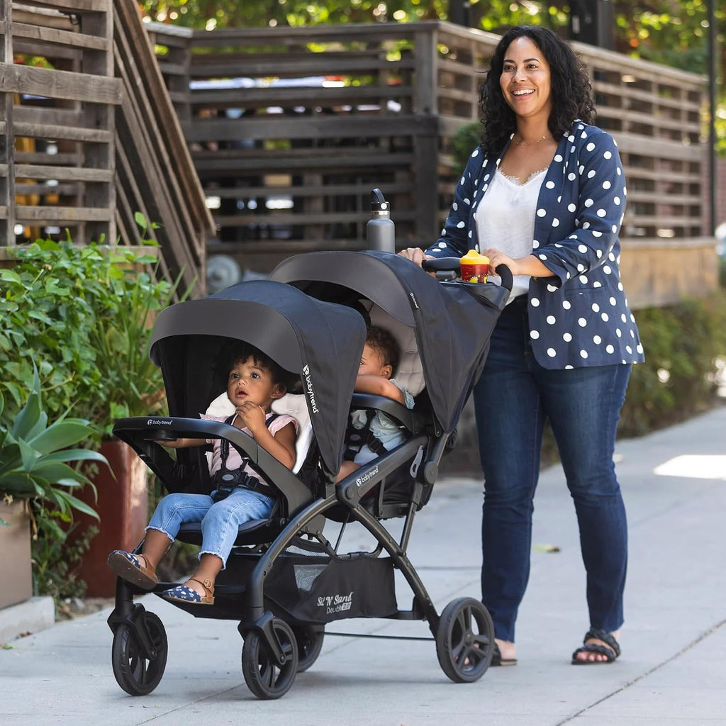 Baby Trend Double Stroller with Canopy Visors, Storage Basket and 2 Cup Holders, Sit N' Stand 2.0 DLX, Stormy – Foldable Infant and Toddler Tandem Stroller and Travel System
