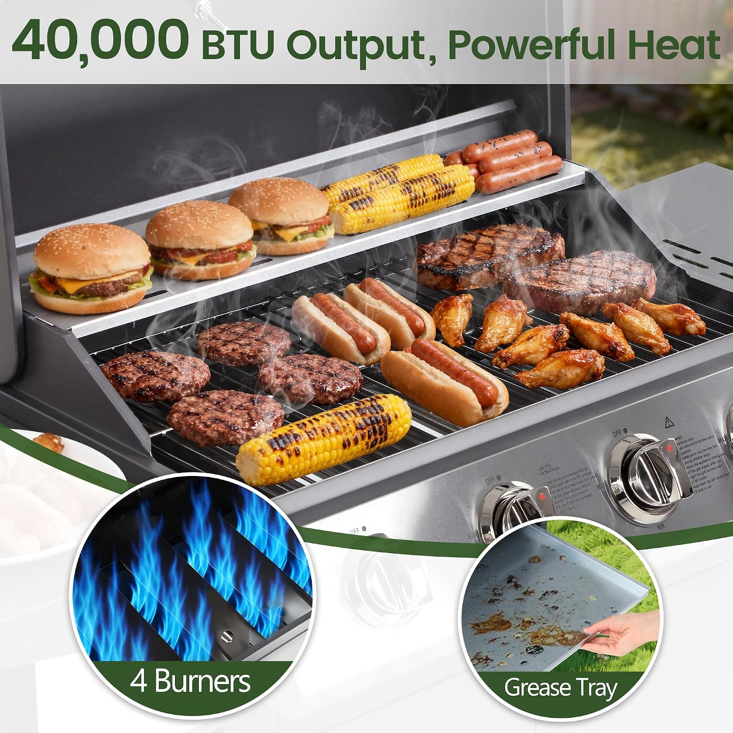 HUGROVE 4-Burner Propane Gas BBQ Grill, Upgraded 40,000 BTU Stainless Steel Barbecue Grill with Foldable Side Tables, Spice Rack & Wheels for Outdoor Cooking