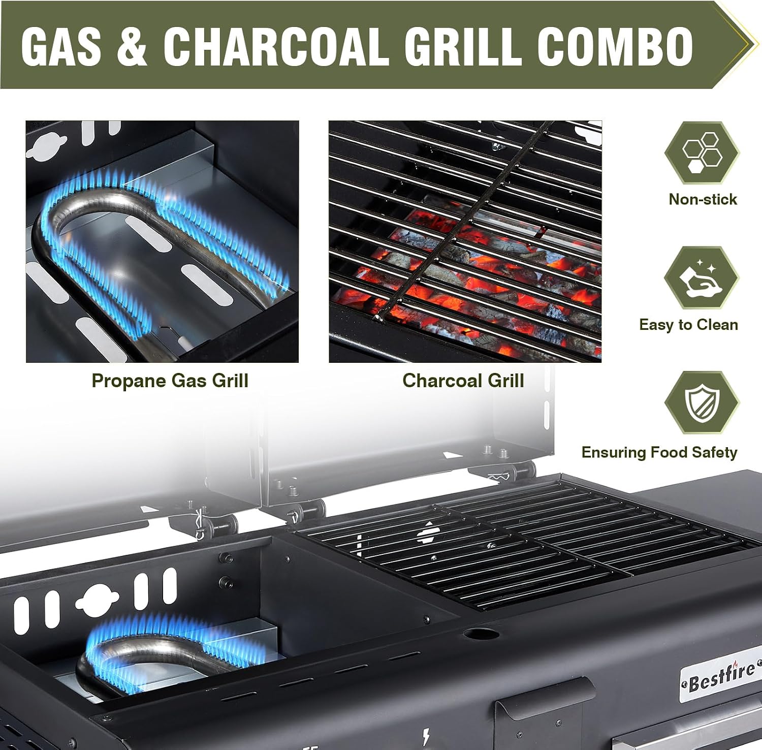 Propane Gas Griddle Charcoal Grill Combo Flat Top Griddle W/Dual Lids & 2 Side Shelves Dual Fuel BBQ Grill for Outdoor Barbecue