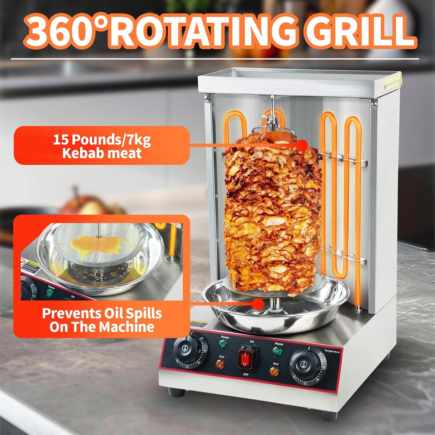 Electric Shawarma Grill Machine Vertical Rotisserie Broiler Gyro with 2 Heating Tubes,Countertop Rotating Grill Doner Kebab Oven,110V