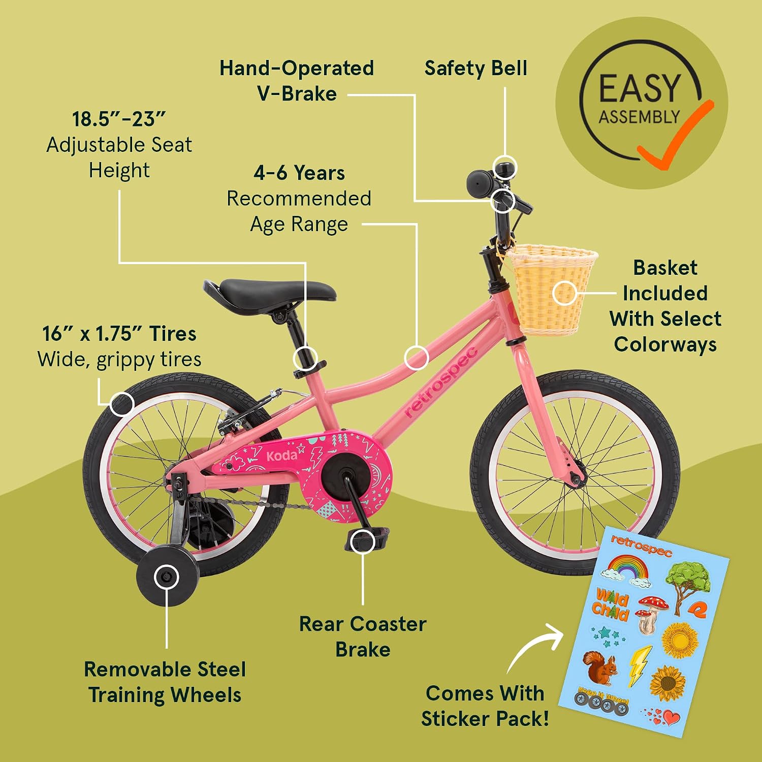 Retrospec Koda Plus Kids Bike for Boys & Girls Ages 4-6 Years - Children's Bicycle, Adjustable Seat & Handlebars