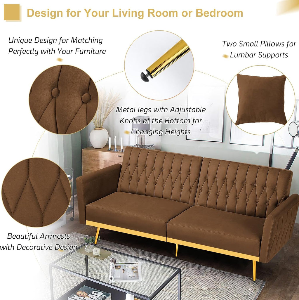 70' Velvet Futon Sofa Bed with 2 Pillows and Adjustable Armrests, Convertible Sleeper Bed W/Adjustable Backrests, Modern Loveseat for Living Room, Bedroom, Brown