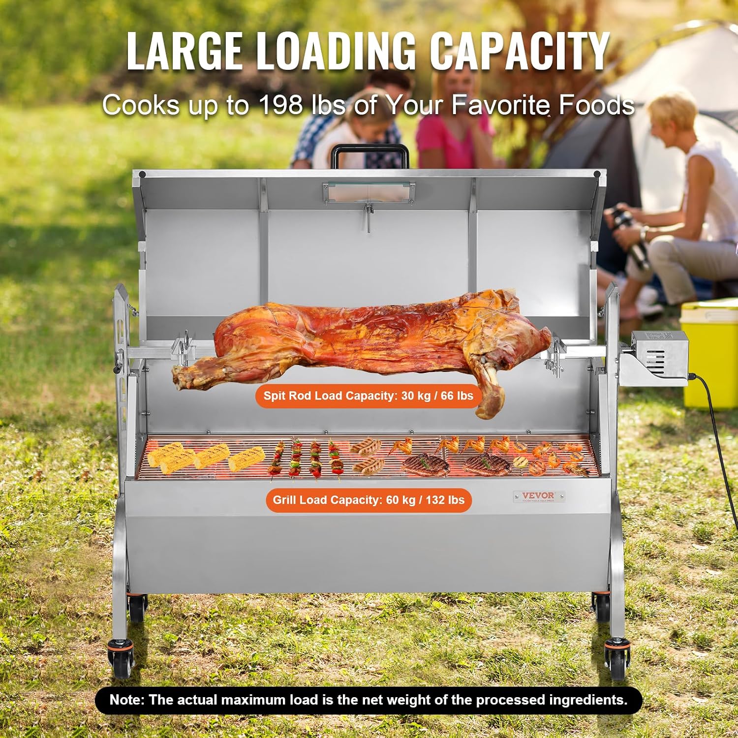 VEVOR Rotisserie Grill with Hooded Cover Roaster, 46 Inch 198Lbs Capacity, BBQ Outdoor Pig Lamb Rotisserie Roaster, Electric 52W Motor Stainless Steel Roasterfor Camping Outdoor Barbecue