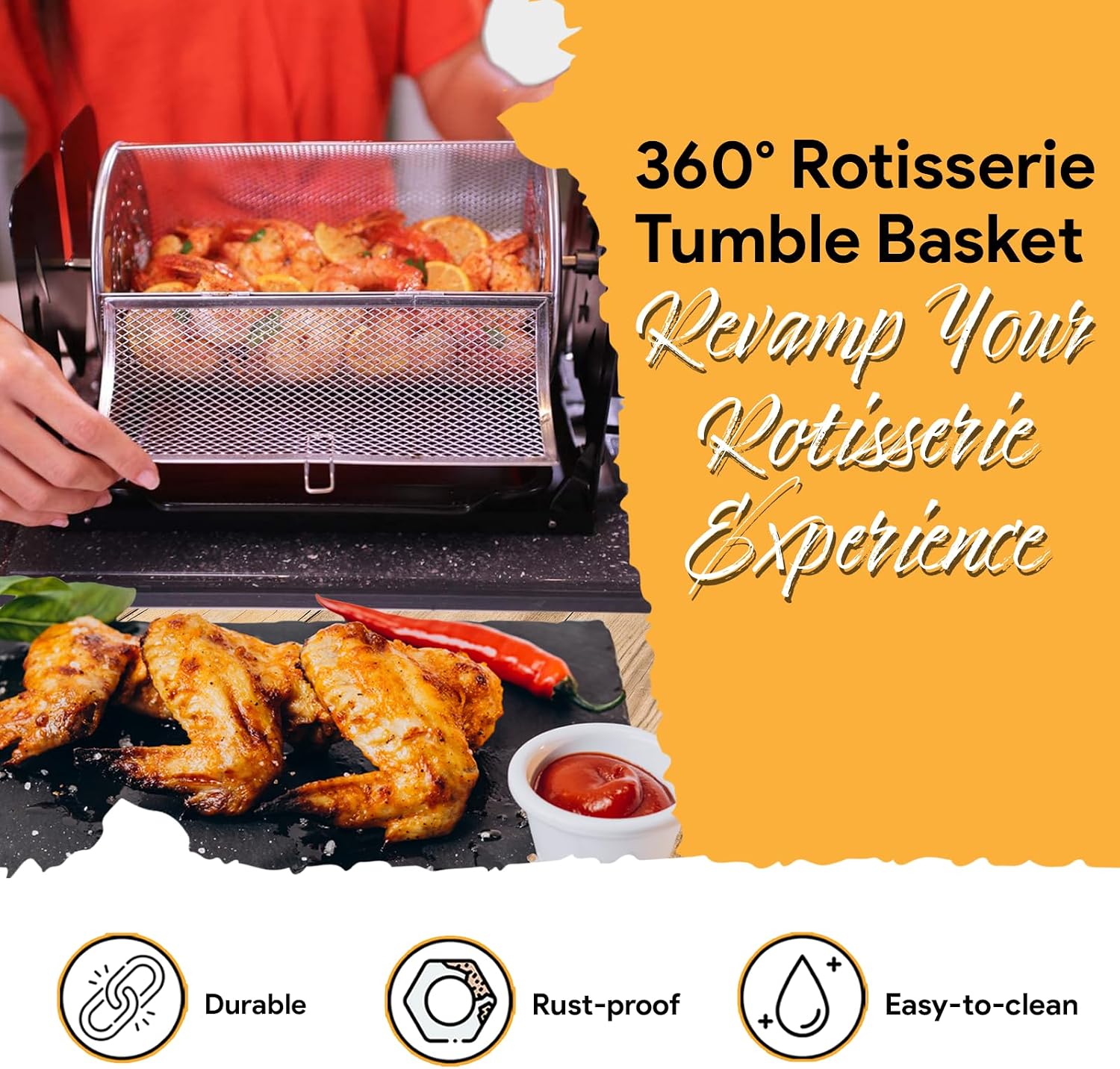 ROTO-Q 360 Family Rotisserie Kit – Non-Electric Wind-Up Spit Roaster with Basket, Flat Cage, Skewer Set & Mat for Grill, Oven, Smoker, Portable BBQ Cooking, Tailgating, or Camping Use