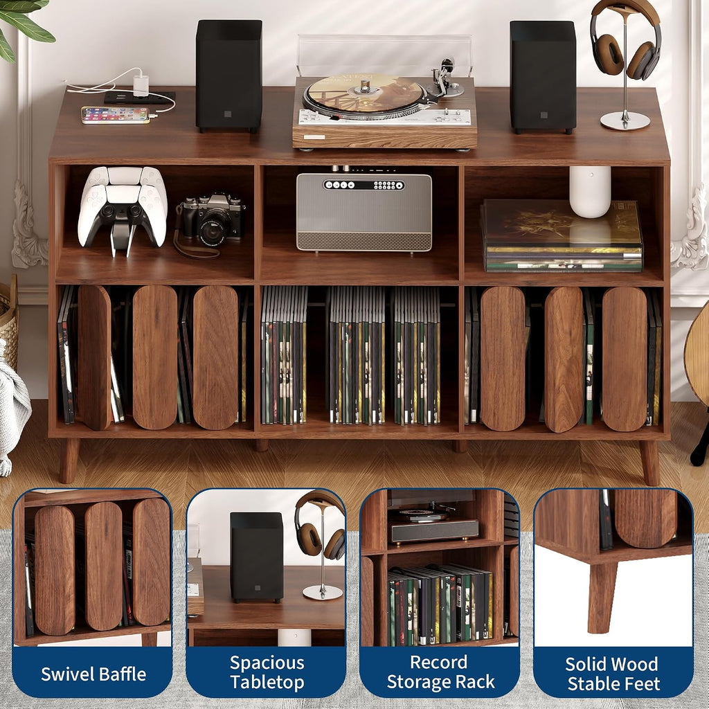 Modern Large Record Player Stand with Power Outlet, 55'' Mid-Century Vinyl Record Storage Holder Turntable Stand Record Stand Table with Charging Station, Wood TV Stand Media Console