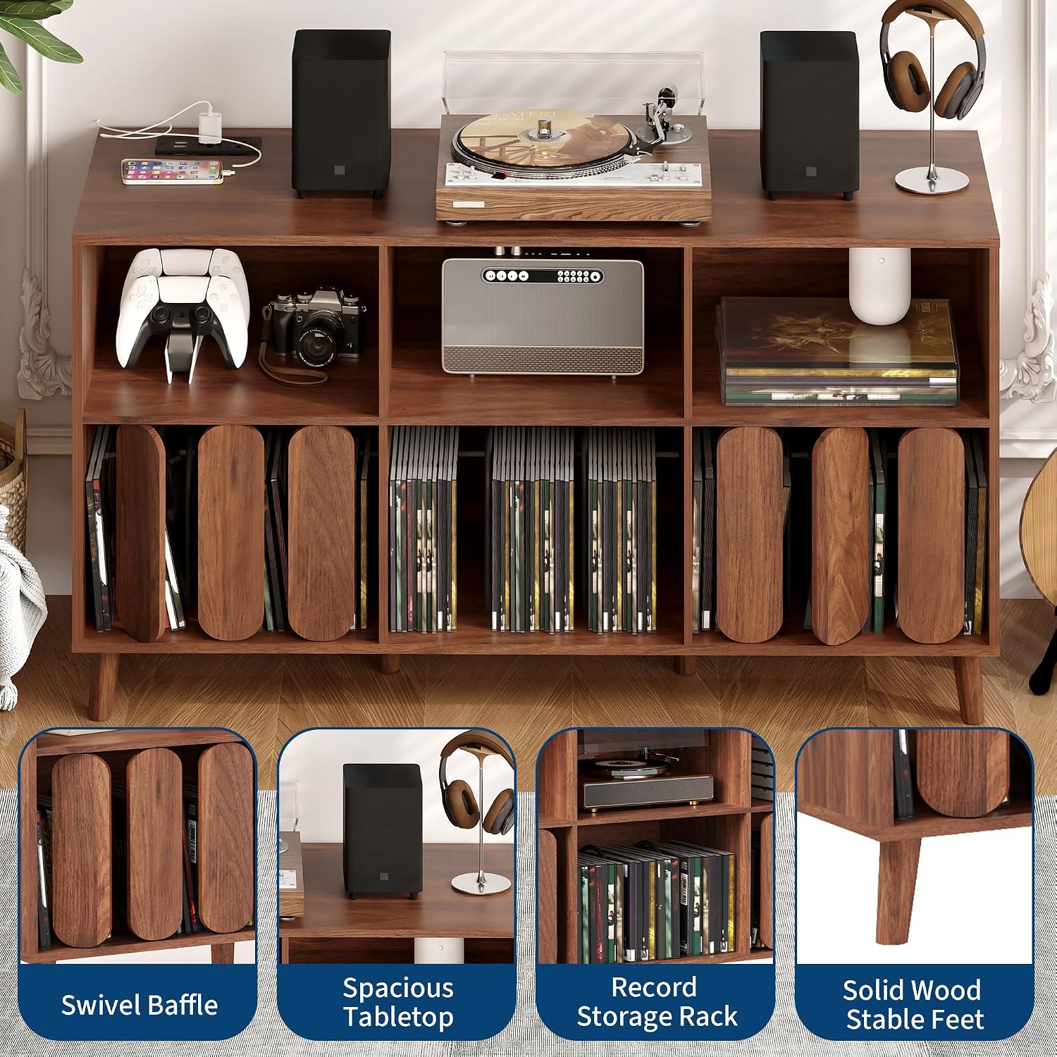 Modern Large Record Player Stand with Power Outlet, 55'' Mid-Century Vinyl Record Storage Holder Turntable Stand Record Stand Table with Charging Station, Wood TV Stand Media Console