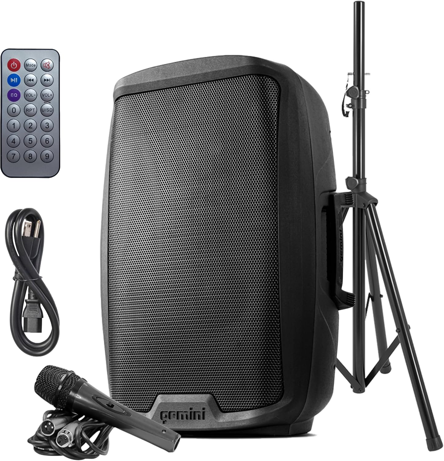Gemini 120W Bluetooth PA Speaker with Stand – 15' Powered Loudspeaker with USB, SD, FM, Mic Input, EQ & Tripod – Pro Audio for DJs, Events, Parties & Live Shows (AS-2115BT-PK)