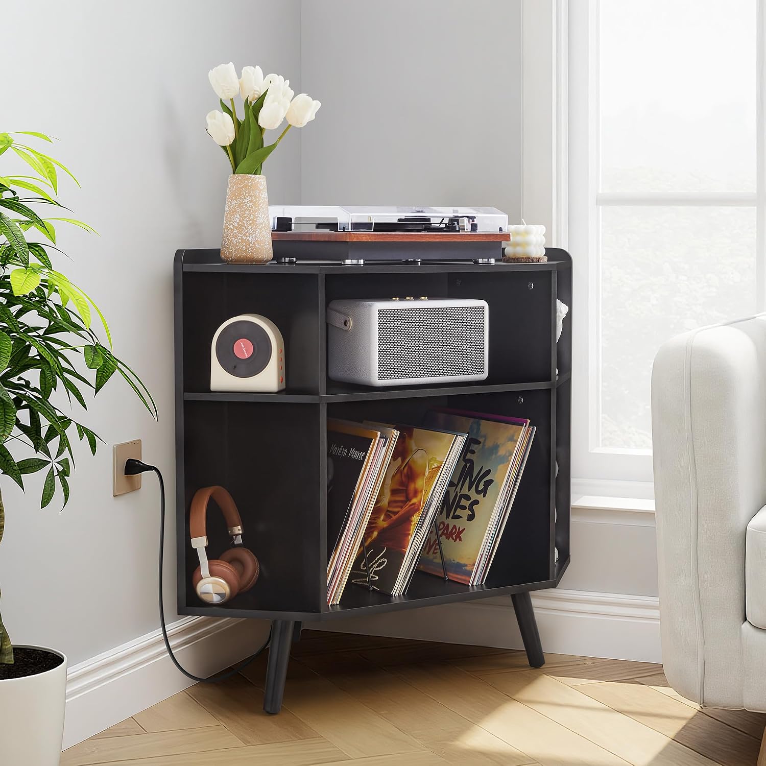 Corner Record Player Stand with Charging Station & USB Ports, 3 Tier Mid Century Modern Vinyl Record Storage Cabinet, Wood Turntable Stand for Music Room, Living Room, Small Space (Black)