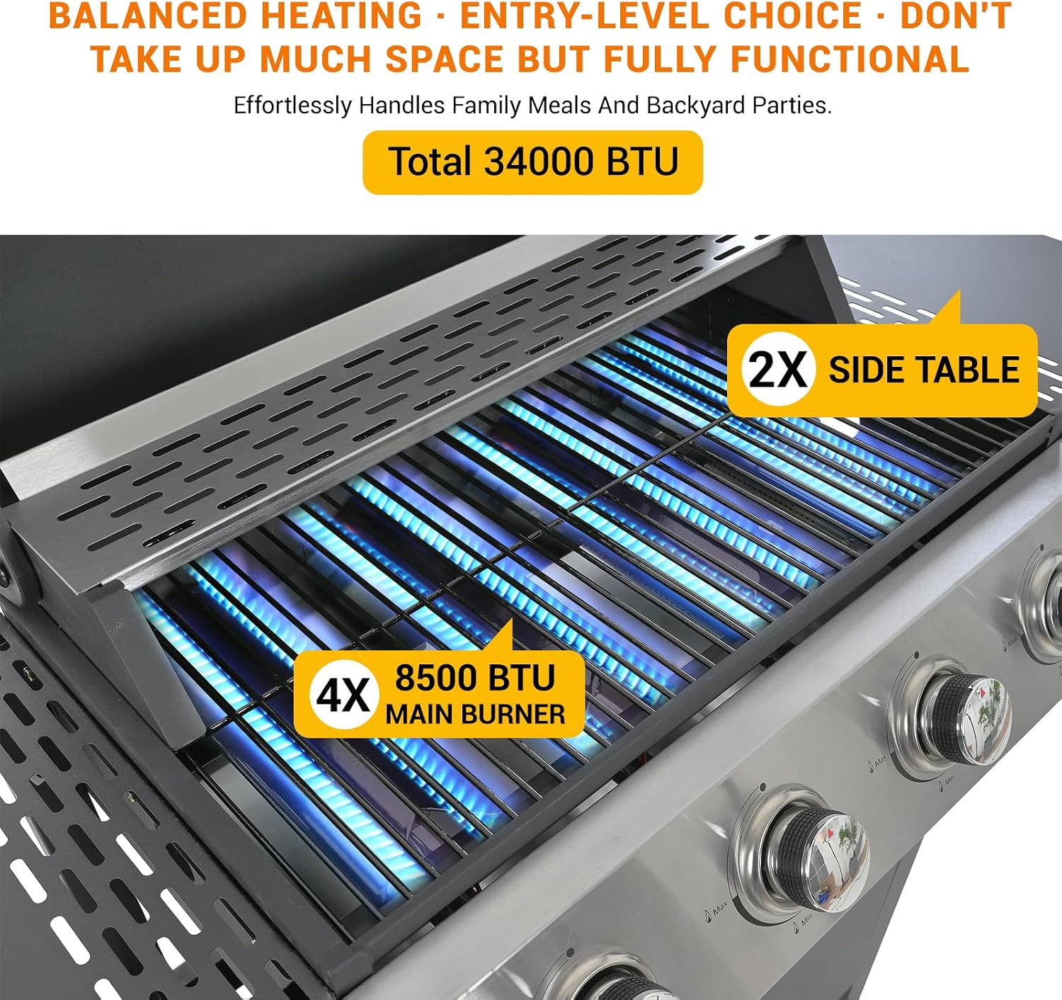 EUHOME 4-Burner Stainless Steel Gas Grill | 34,000 BTU Total Output & 421 sq.in Cooking Area | Powerful Even-Heat System for Large Family BBQs & Backyard Parties