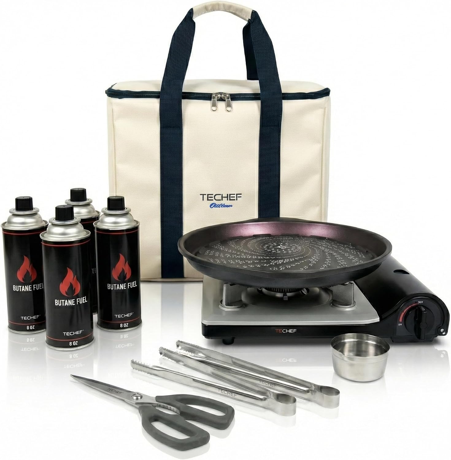 TECHEF - KBBQ Ultimate Set with Korean BBQ Grill Pan, Agni Portable Gas Stove Burner, Carrying Bag, 4 pack Butane Gas, Scissors, 2 BBQ Tongs, Made in Korea