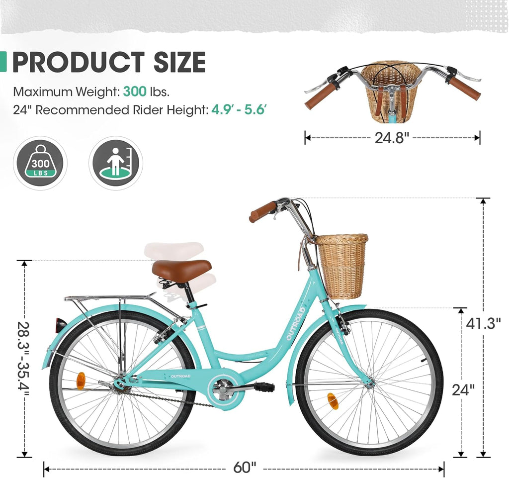 Outroad Beach Cruiser Bike, 24/26 inch Commuter Bicycle for Adult and Women,High-Carbon Steel Comfortable City Bikes with Rear Rack and Basket, (Black/Pink/White/Green/Purple)