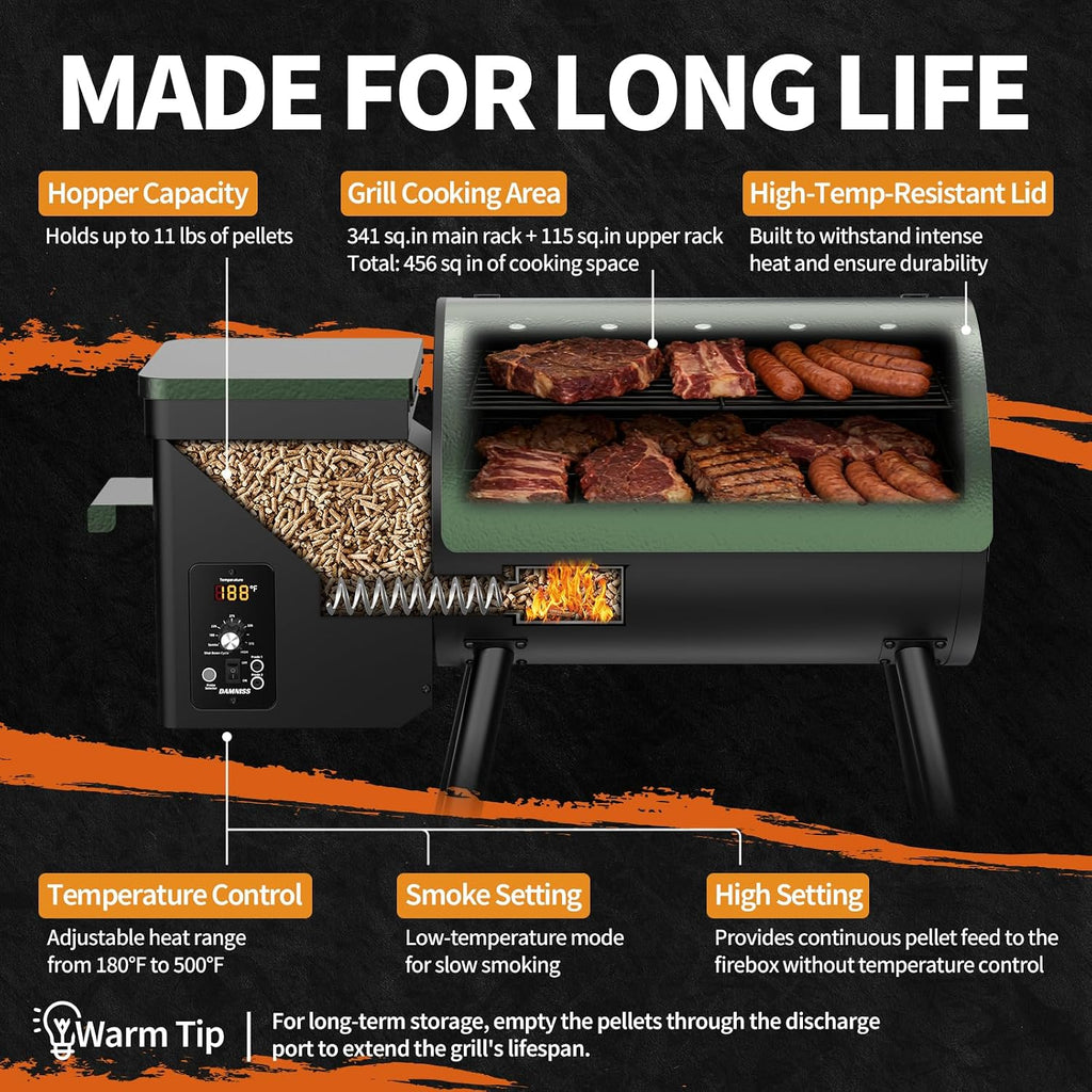 DAMNISS Electric Wood Pellet Grill 8 In 1 BBQ Grills for Outdoor Grill with Auto Feed & PID Temperature Control (180-450°F)456 Sq.In Cook Area Smoker Gills for Backyard New House Gifts