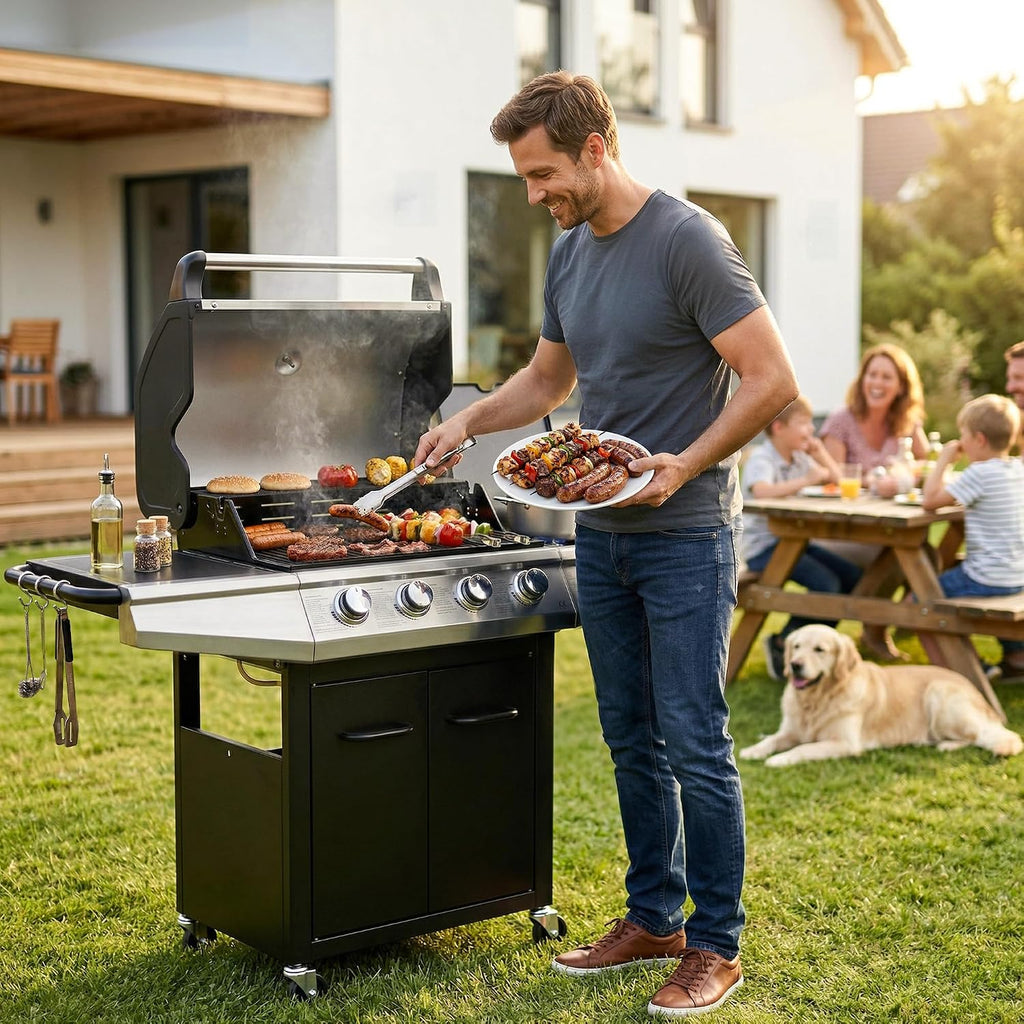 MASTER COOK 4+1 Burners Gas Grill, 518 Sqin Cooking Area, 52,000 BTU Propane Grill with Side Burner, Stainless Steel Cabinet Grill, Black