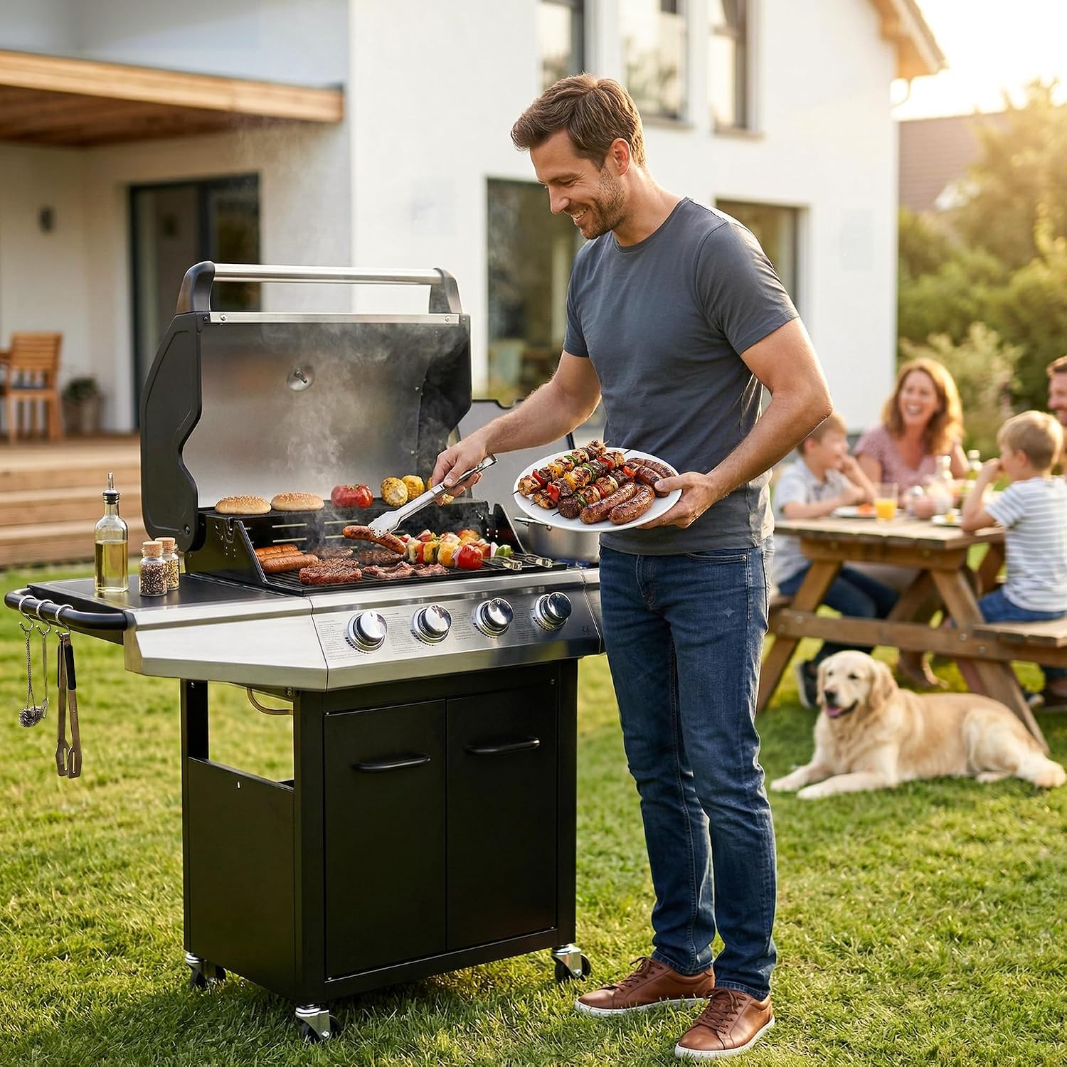 MASTER COOK 4+1 Burners Gas Grill, 518 Sqin Cooking Area, 52,000 BTU Propane Grill with Side Burner, Stainless Steel Cabinet Grill, Black