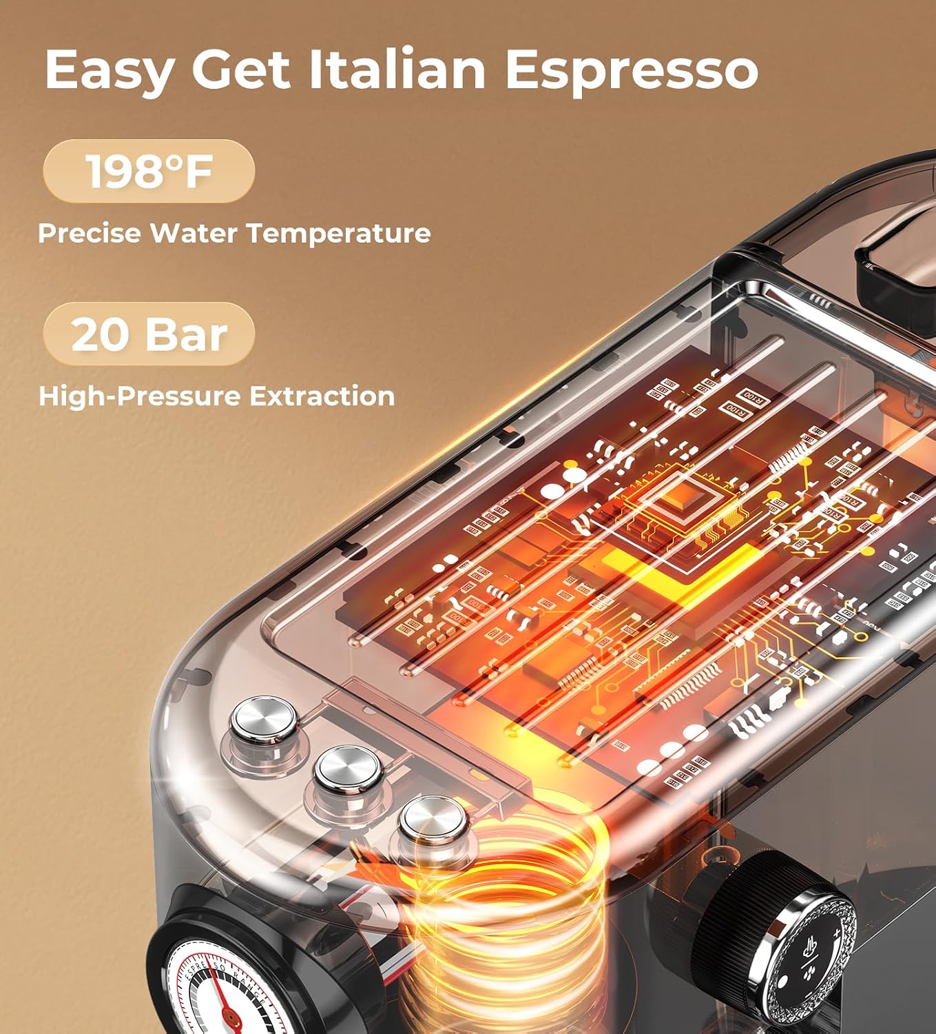 atatix 20 Bar Espresso Machine with Milk Frother, Compact Espresso Maker, Stainless Steel Coffee Machine with Precise Temp Control & 44oz Removable Water Tank for Latte, Cappuccino, Dark Grey