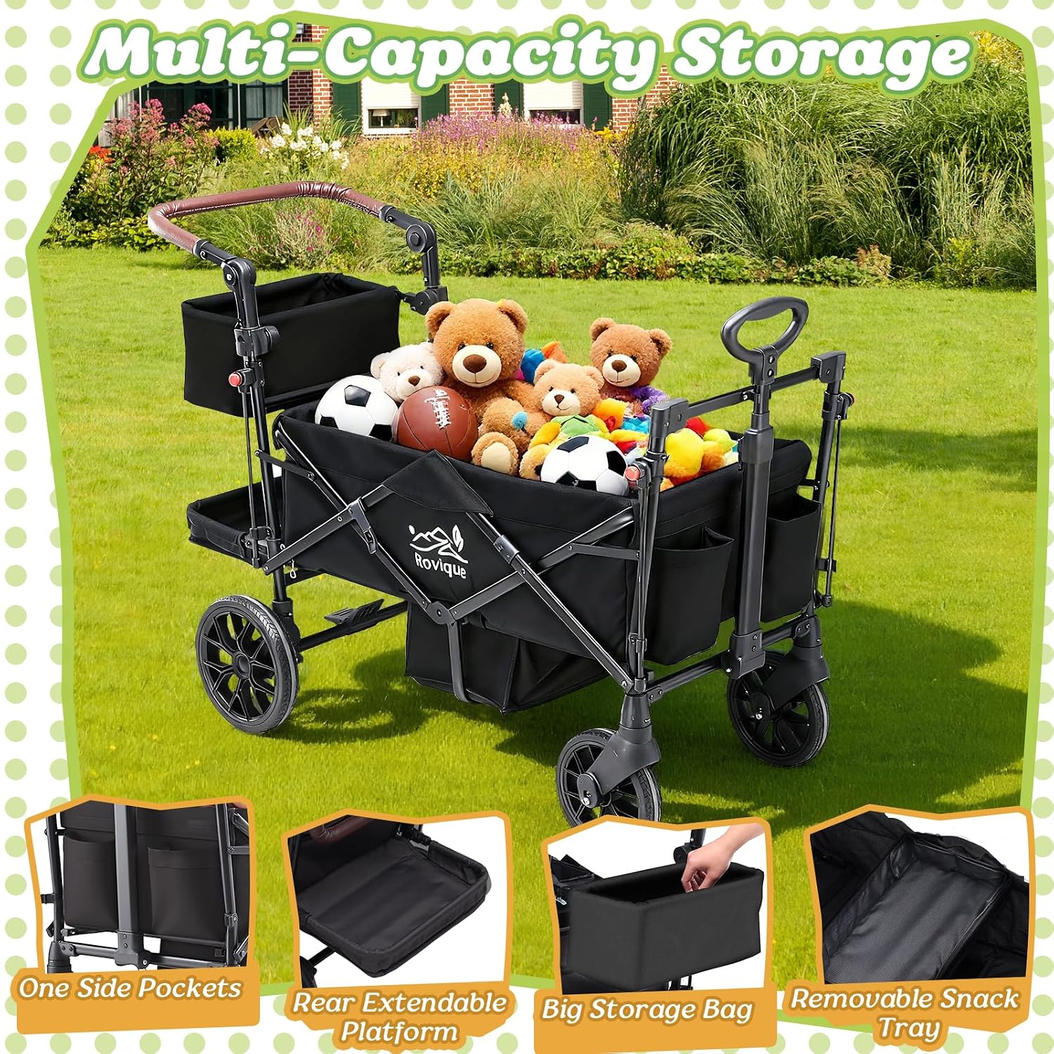 Wagon Stroller for 2 Kids, Premium Stroller Wagon for Kids with Removable Canopy, Safety Harness, Adjustable Handlebar & Storage Organizer, All-Terrain Foldable Baby Wagon for Outdoors