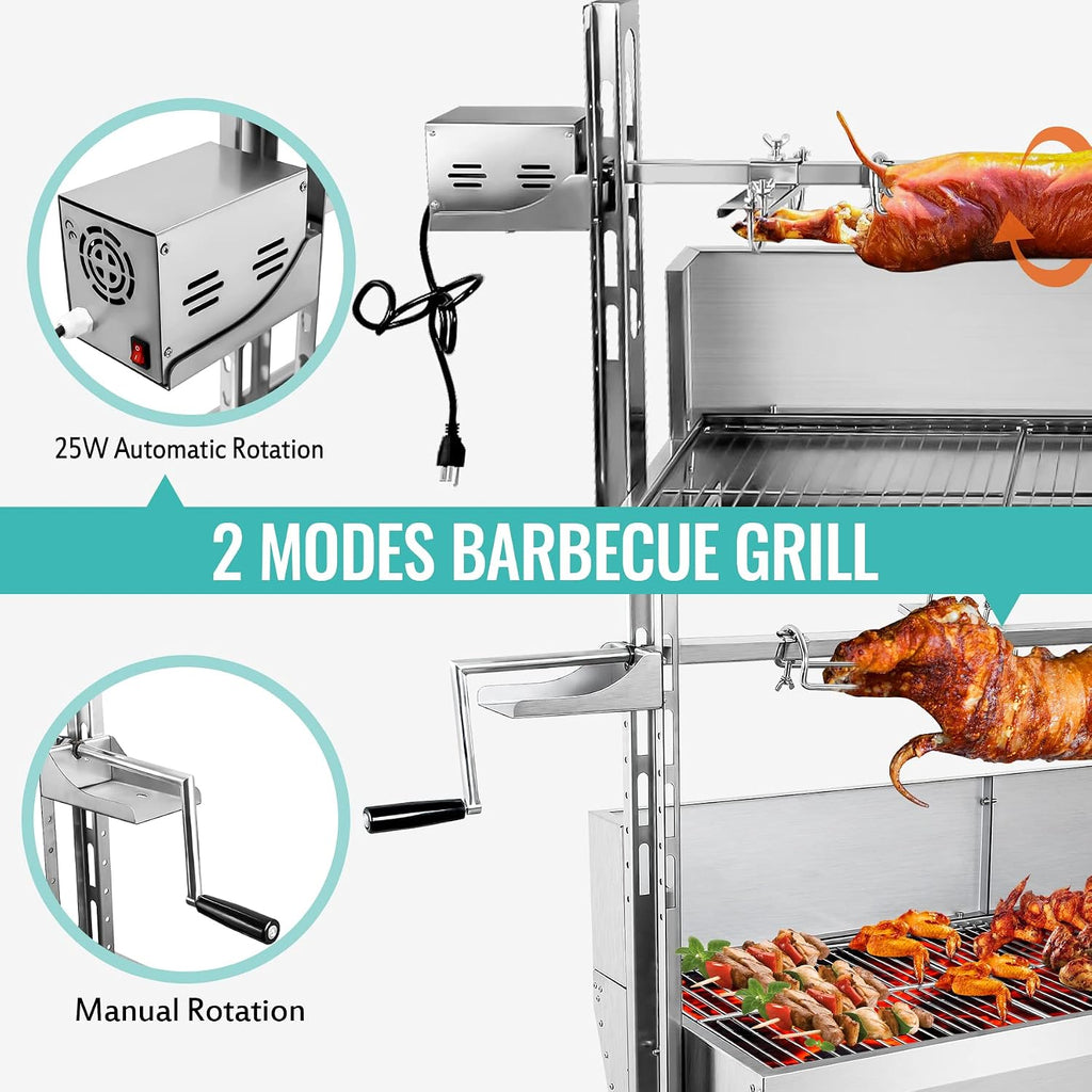 Rotisserie Grill Charcoal Spit Roaster, Stainless Steel 48.6' Pig Lamb Hooded Roaster Charcoal Spit With 25W Motor & Adjustable Height Lockable Casters For Party Barbecue,176 LBS With Baffle