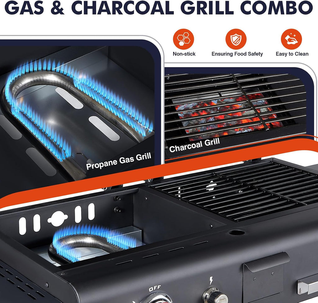 Propane and Charcoal Grill Combo, Gas Griddle Grill Combo Two Fuel BBQ Grills with Long Silicone Non-Slip Grill Gloves, Dual Fuel Lids and Side Shelves