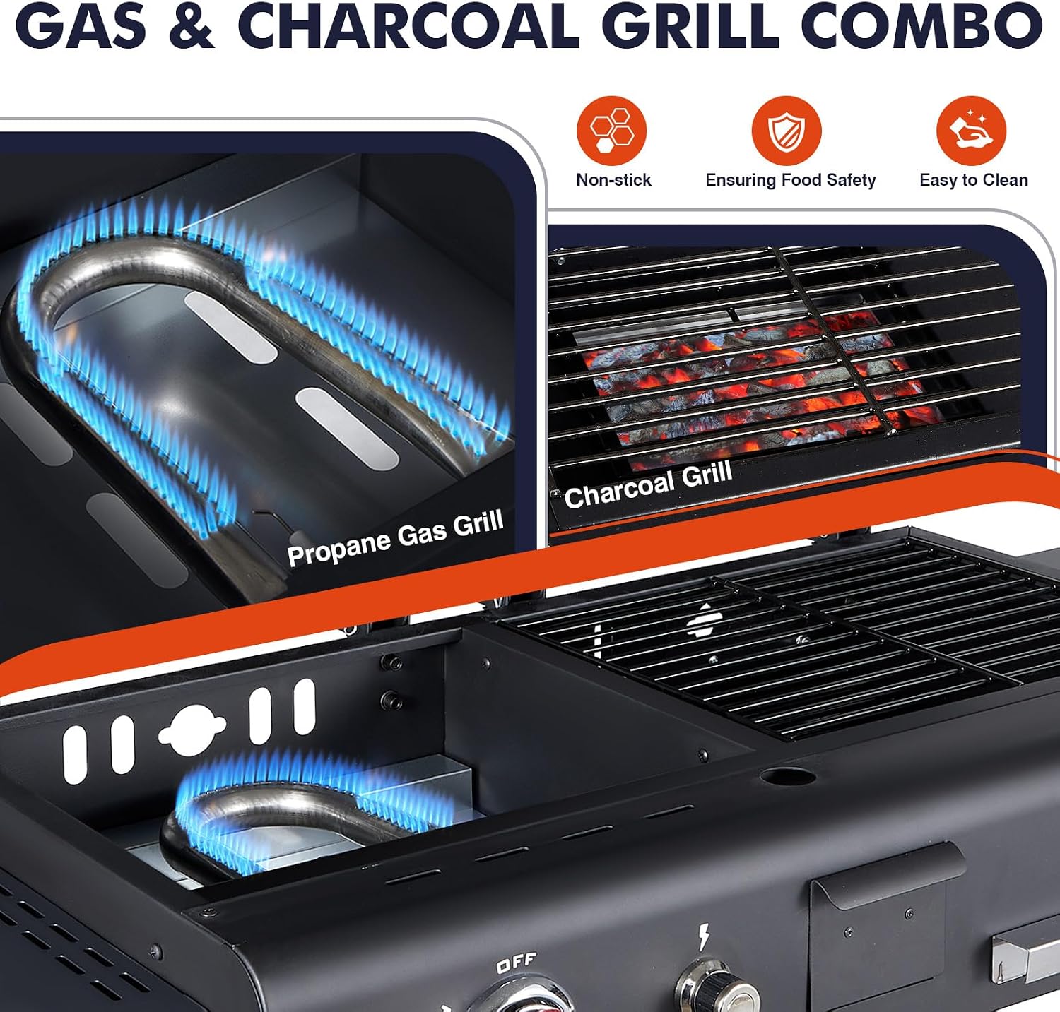 Propane and Charcoal Grill Combo, Gas Griddle Grill Combo Two Fuel BBQ Grills with Long Silicone Non-Slip Grill Gloves, Dual Fuel Lids and Side Shelves