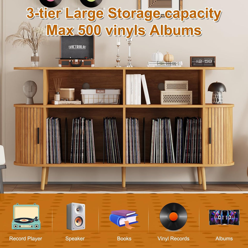 55.1' Wide Record Player Stand with Storage - Vinyl Record Storage Cabinet & Media Console Holds 300+ Records, Mid Century Modern Turntable Stand for Living Room (Natural, 55.1')