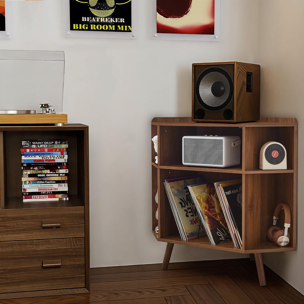 Corner Record Player Stand with Charging Station & USB Ports, 3 Tier Mid Century Modern Vinyl Record Storage Cabinet, Wood Turntable Stand for Music Room, Living Room, Small Space (Walnut)