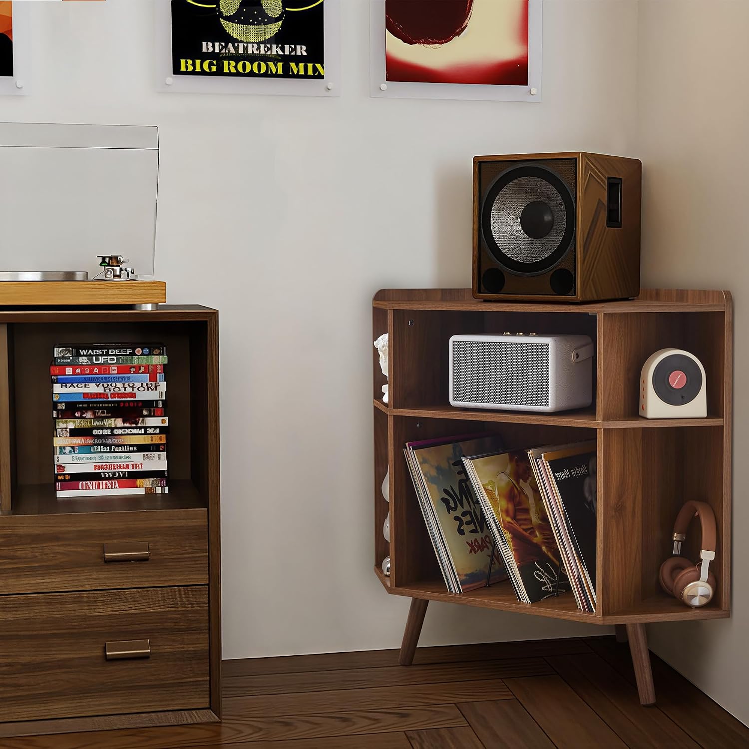 Corner Record Player Stand with Charging Station & USB Ports, 3 Tier Mid Century Modern Vinyl Record Storage Cabinet, Wood Turntable Stand for Music Room, Living Room, Small Space (Walnut)