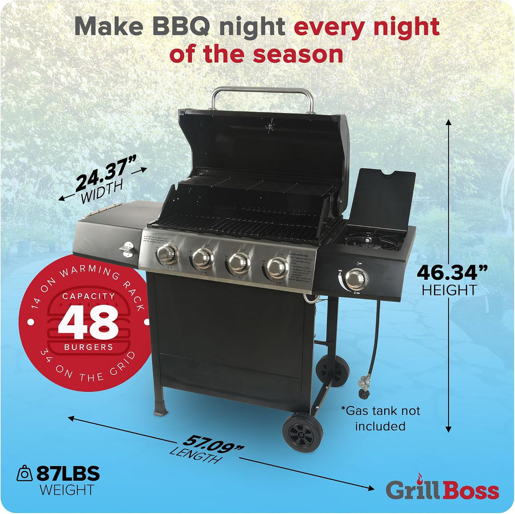 Grill Boss 4 Burner Propane Gas BBQ, Portable w/ Lid, Wheels & Side Shelves, Black - Grilling Accessories and Equipment for Camping, Tailgating, Outdoor Barbecue and Cooking