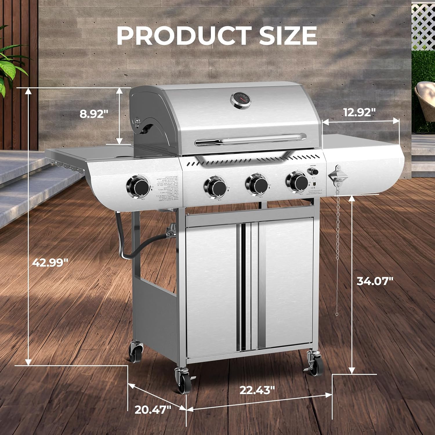 Electactic 3-Burner Propane Gas Grill with Side Burner – 34,000 BTU Stainless Steel Outdoor BBQ Grill, Cast Iron Grates, Portable with Wheels for Patio, Camping