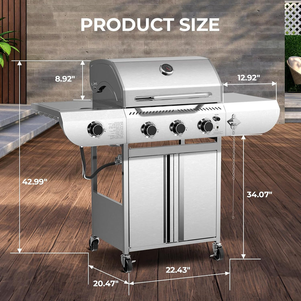34,000 BTU 3-Burner Propane Gas Grill with Side Burner, All Stainless Steel BBQ Grill, Cast Iron Grates & Portable Cart with Wheels，Outdoor Barbecue Grill for Backyard, Patio, Camping (G31 PRO)
