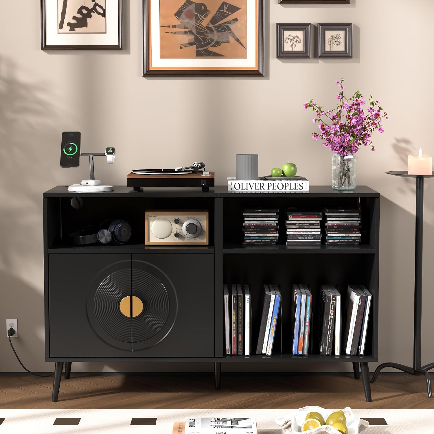 Fiogmub Large Record Player Stand, Mid Century Turntable Stand with Door, Record Player Table Holds Up to 350 Albums,Vinyl Display Shelf for Living Room
