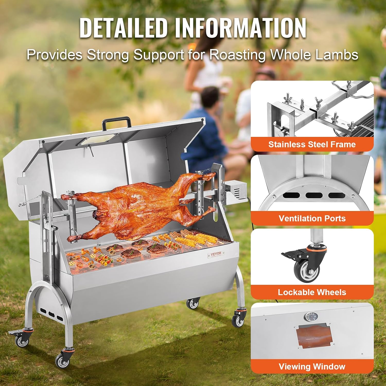 VEVOR Rotisserie Grill with Hooded Cover Roaster, 46 Inch 198Lbs Capacity, BBQ Outdoor Pig Lamb Rotisserie Roaster, Electric 52W Motor Stainless Steel Roasterfor Camping Outdoor Barbecue