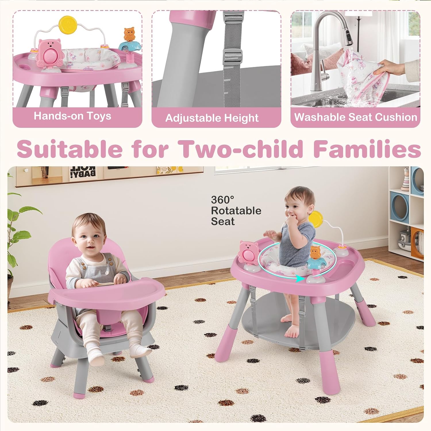 KOTEK 16 in 1 Convertible High Chair, Baby Highchair & Activity Center, Booster Seat, Building Block Table, Toddler Chair with 5-Point Harness, Removable Tray & Cushion (Pink)