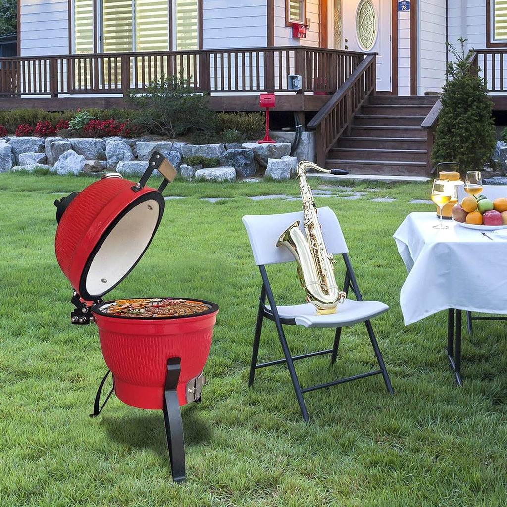 ROVSUN Kamado Charcoal Grill and Smoker with Cast Iron Grate, Portable, Best Small BBQ Grill for Indoor/Outdoor Use, 13'' Mini Max, Red
