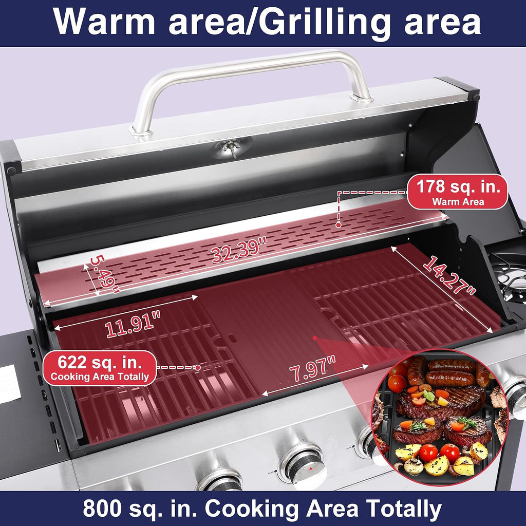 69000 BTU Output Propane Gas Grill with Side Burner and 6 Main Burners - Double-layer Stainless Steel Lid, Cast Iron Grids and Plate, Easy-Clean Grease Management for Perfect BBQs