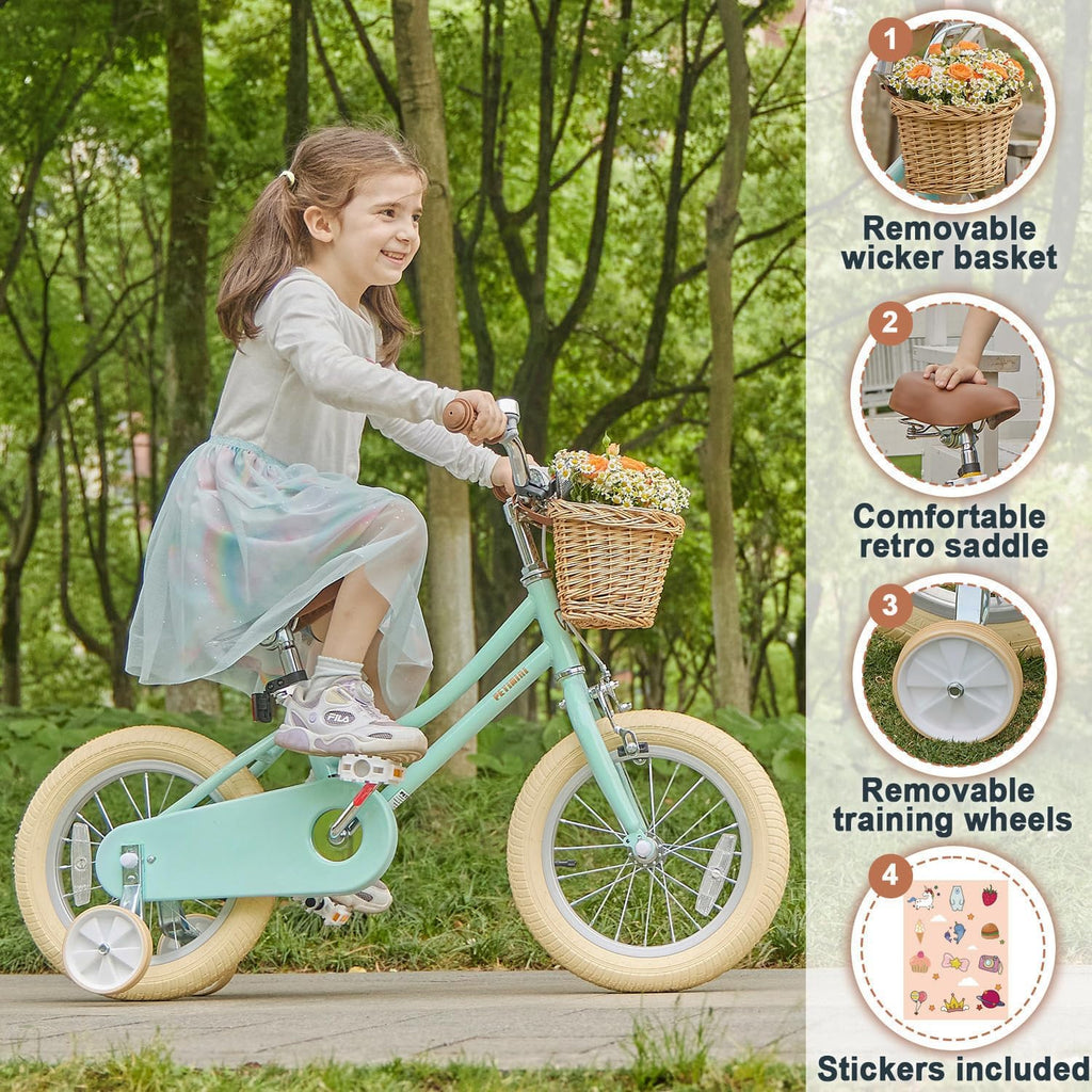 Petimini Vintage Kids Bike for Girls, 12–20 Inch Classic Bicycle with Wicker Basket & Bell, High Tensile Steel Frame, Training Wheels (12–18'), 85% Pre-Assembled, Retro Bike for Outdoor Riding