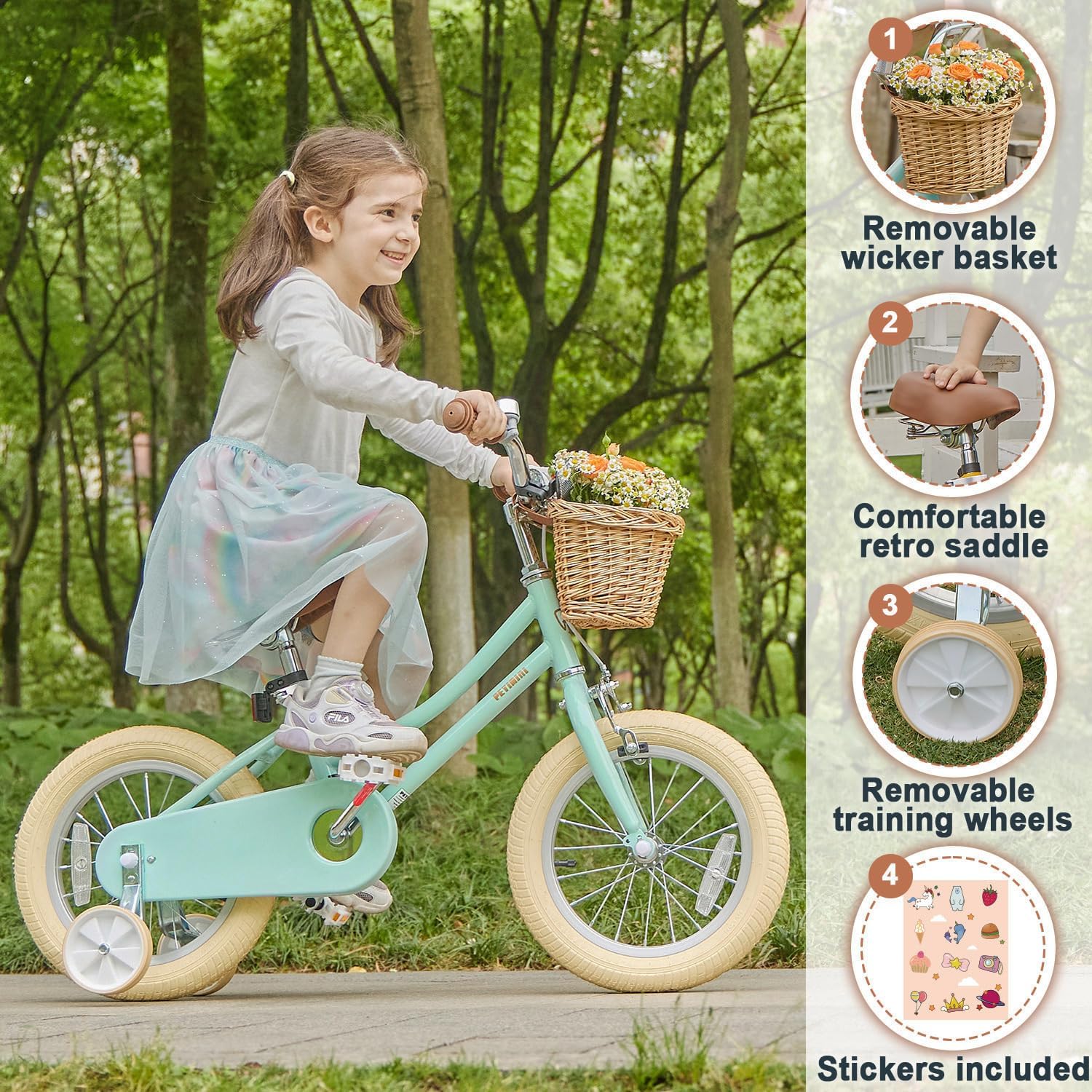 Petimini Vintage Kids Bike for Girls, 12–20 Inch Classic Bicycle with Wicker Basket & Bell, High Tensile Steel Frame, Training Wheels (12–18'), 85% Pre-Assembled, Retro Bike for Outdoor Riding