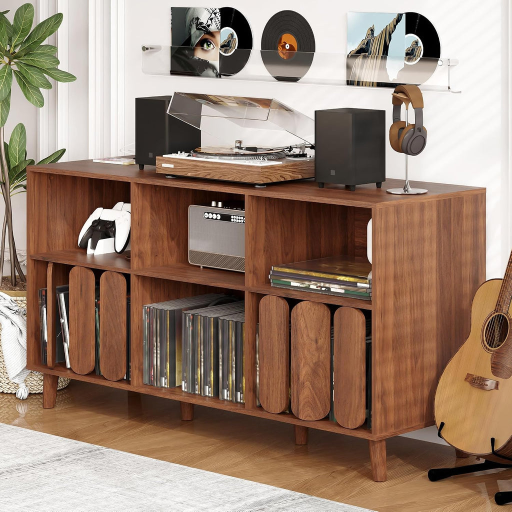 55'' Large Record Player Stand with Charging Station - Vinyl Record Storage Cabinet with 2 USB Ports, Open Shelves & Turntable Holder, Mid-Century Modern Wood TV Media Console for Living Room