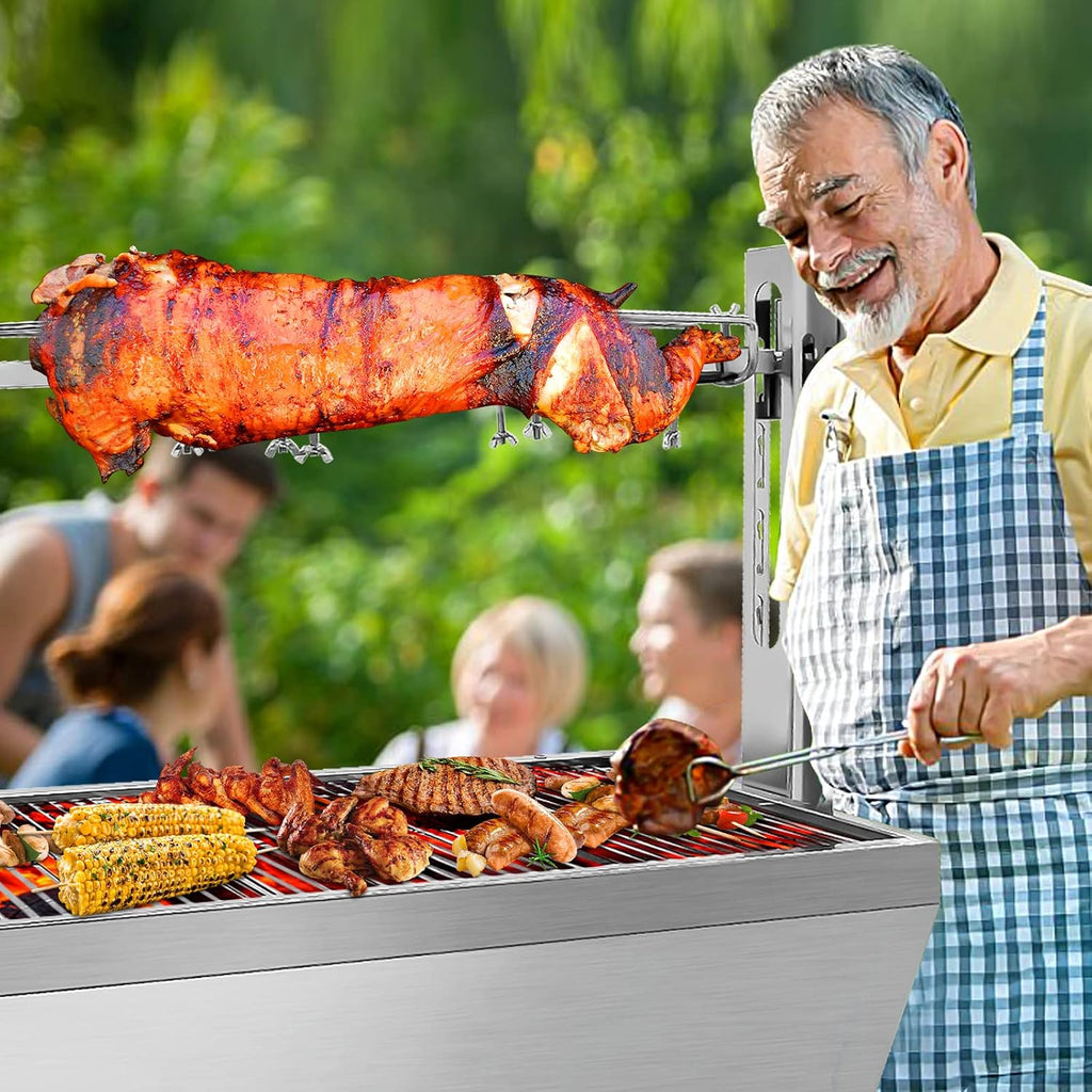 Rotisserie Grill Charcoal Spit Roaster, Stainless Steel 37' Pig Lamb Hooded Roaster Charcoal Spit With 25W Motor & Adjustable Height Lockable Casters For Party Barbecue,132 LBS Without Baffle