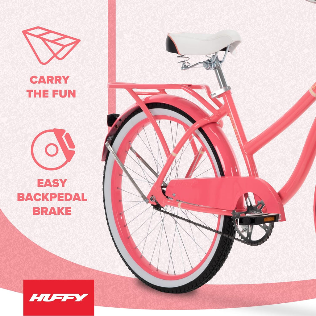 Huffy Cruiser Bike, Fairmont or Woodhaven Model, 20/24/26 Inch Sizes, Perfect for Casual Rides, Ergonomic Design, Rear Rack and Basket on Woodhaven Model, Simple Coaster Brakes, Multiple Color Options