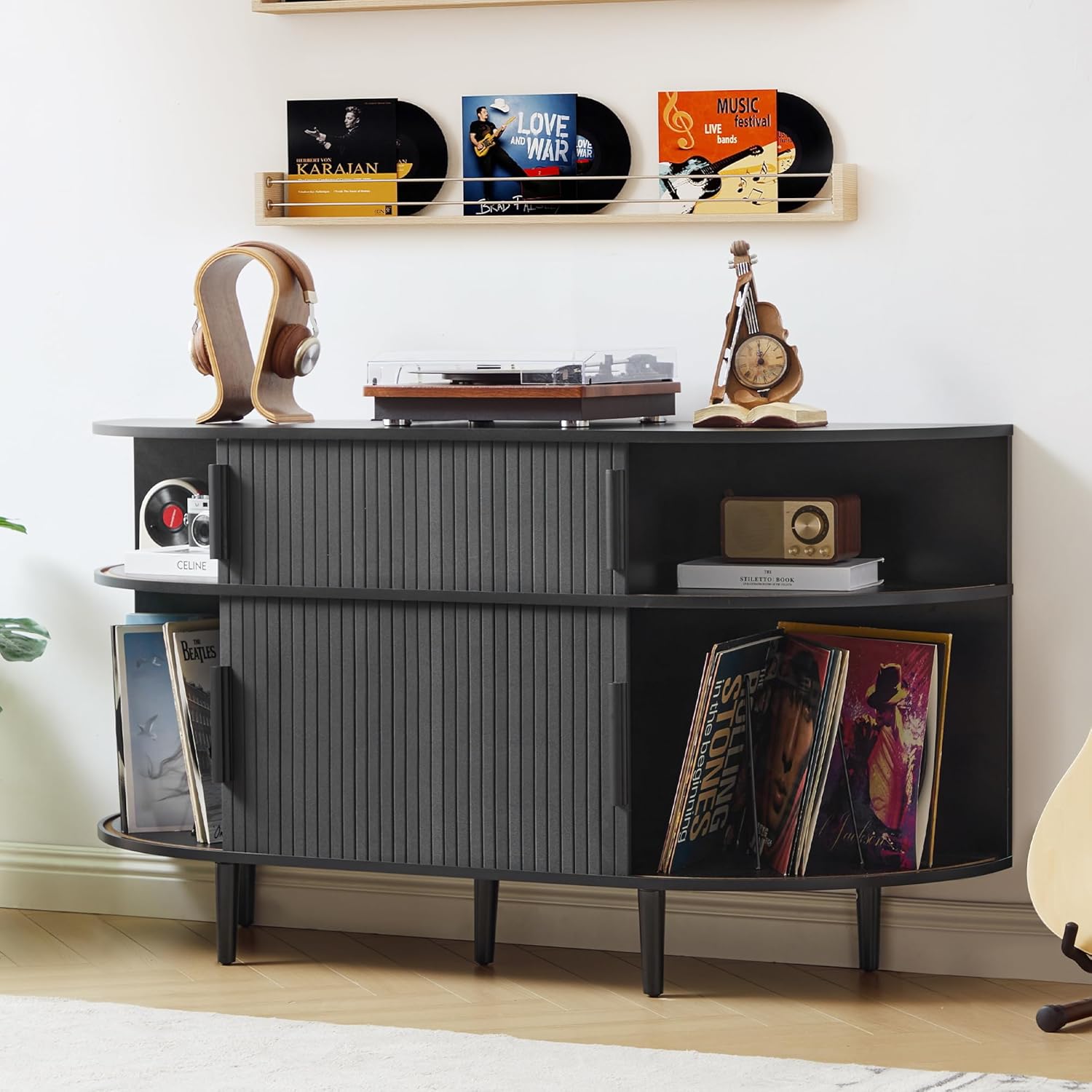Large Record Player Stand, 55'' Wood Vinyl Record Storage Cabinet with Charging Station & USB Ports, Curved Turntable Table Open Shelf Holder Up to 300 Albums for Living Room(Black)