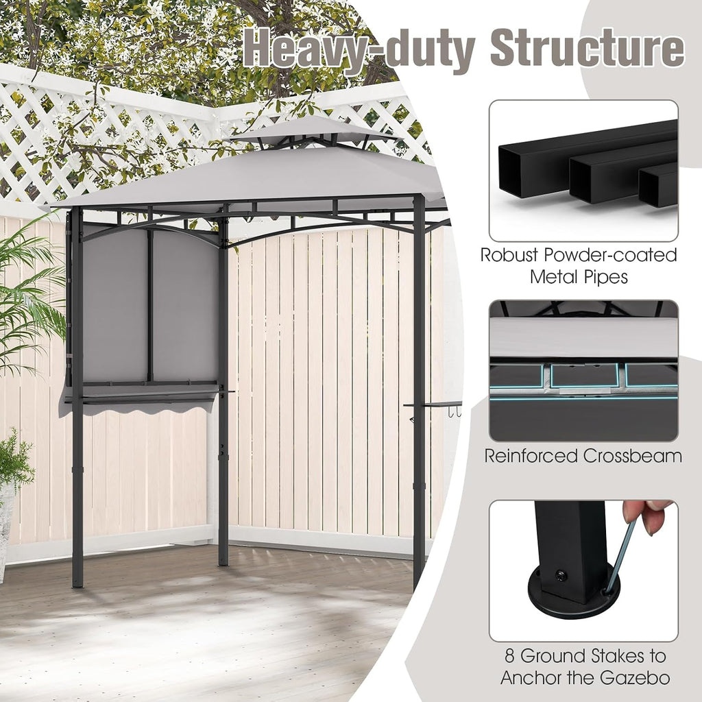 Tangkula 11x5 FT Grill Gazebo with Side Awning, 2-Tier Barbecue Gazebo with 2 Shelves, 12 Hanging Hooks, Bottle Opener, Outdoor Grill Canopy for Backyard Garden Poolside (Grey)