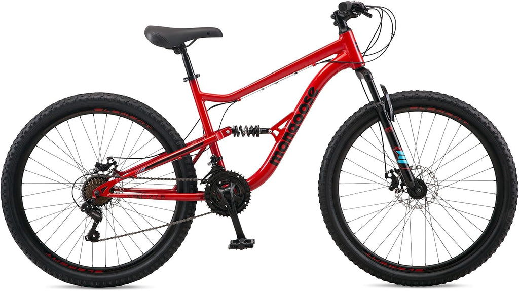 Mongoose Status Mountain Bike, 27.5 Inch Bike for Men and Women, 21 Speed, Aluminum Suspension Frame, Steel Rear Triangle, Dual Suspension, Knobby Mountain Tires, Mechanical Disc Brakes, Adult Bicycle