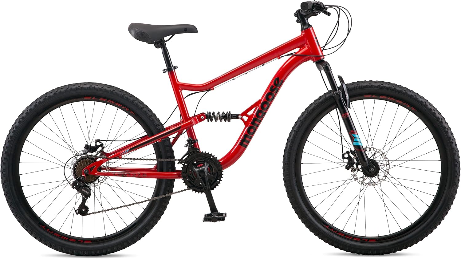 Mongoose Status Mountain Bike, 27.5 Inch Bike for Men and Women, 21 Speed, Aluminum Suspension Frame, Steel Rear Triangle, Dual Suspension, Knobby Mountain Tires, Mechanical Disc Brakes, Adult Bicycle