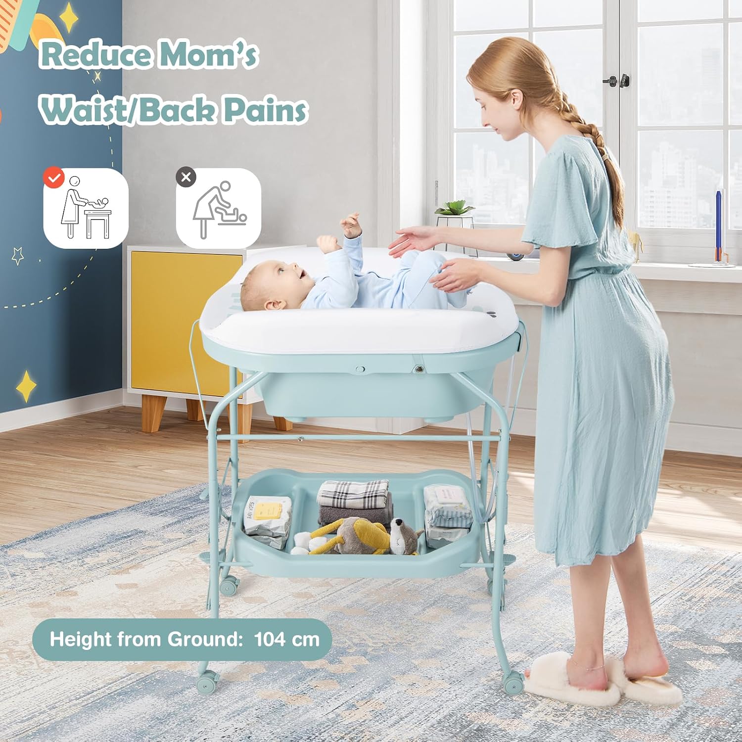 HONEY JOY 2-in-1 Baby Bathtub & Changing Table, Foldable Infant Diaper Changing Station with Wheels, Storage Tray, Waterproof Pad, Portable Newborn Nursery Organizer Bath Stand for Boys Girls (Blue)