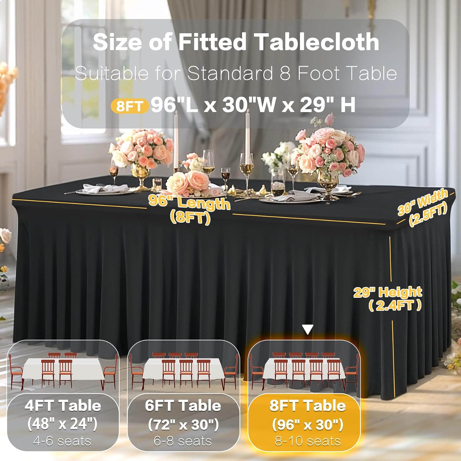 Shillance 6 Packs Black Spandex Table Covers 6 Foot, Fitted Stretch Table Cloth with Skirts 96x30 Inch, Wrinkle-Free Floor Length Rectangle Tablecloths for Trade Show Weddings Parties Banquets Events